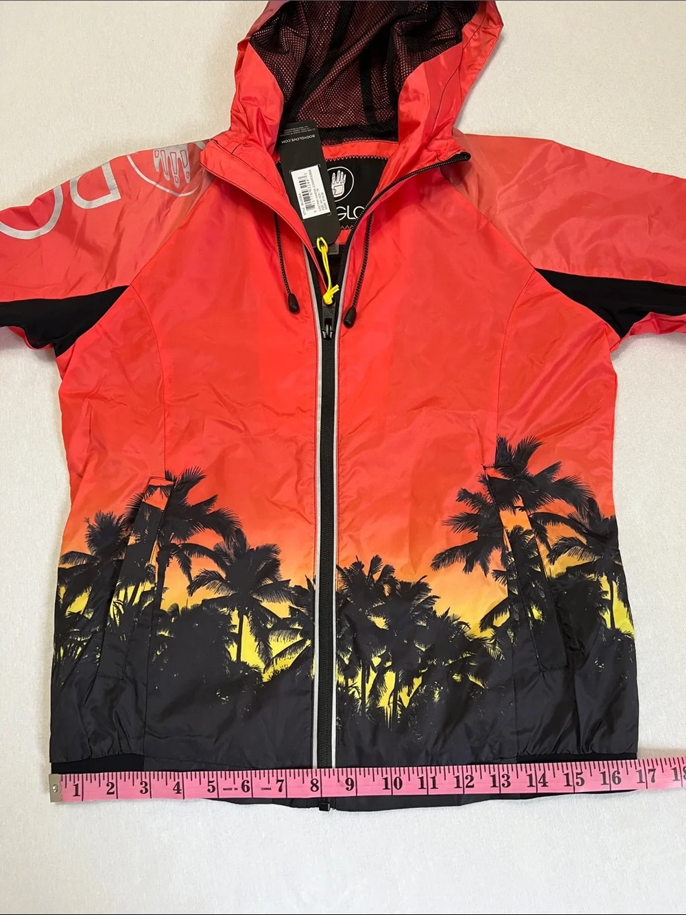 NEW Body Glove Vibrant Sunset Palm Tree Print Hooded Windbreaker Light Jacket XS